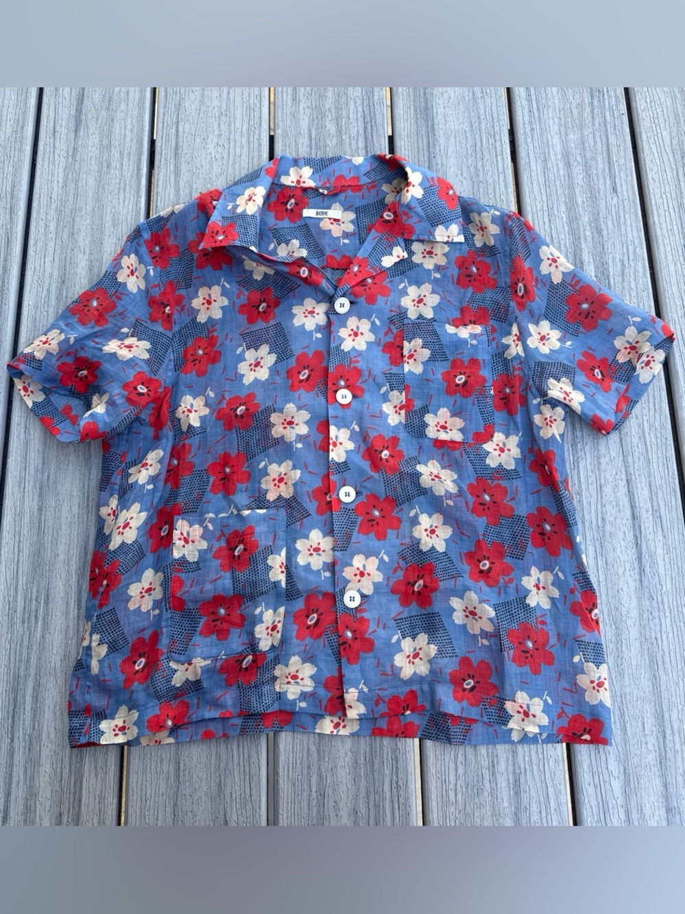 Bode Blue Floral Button-Up Shirt with Red & Cream Flowers XS/S
